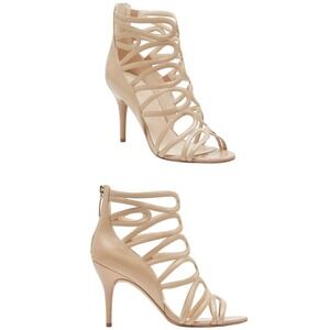 Nine West Strappy Cage Stiletto Heels Sandals Beige Leather Women's Size 8.5